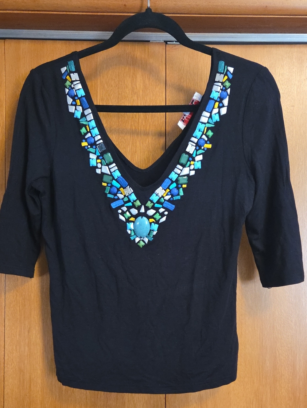EGO Black V-Neck Short Sleeve Tee with Blue, Teal, White & Yellow Mosaic Trim
